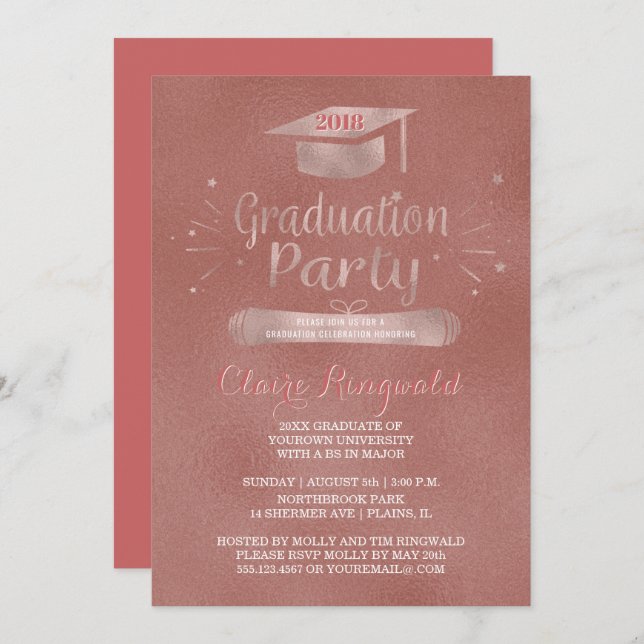 Class of 2018 Grad Cap Rose Gold Graduation Party Invitation (Front/Back)
