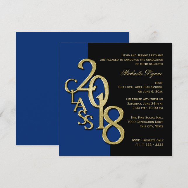 Class of 2018 Grad Midnight Blue and Gold Invitation (Front/Back)