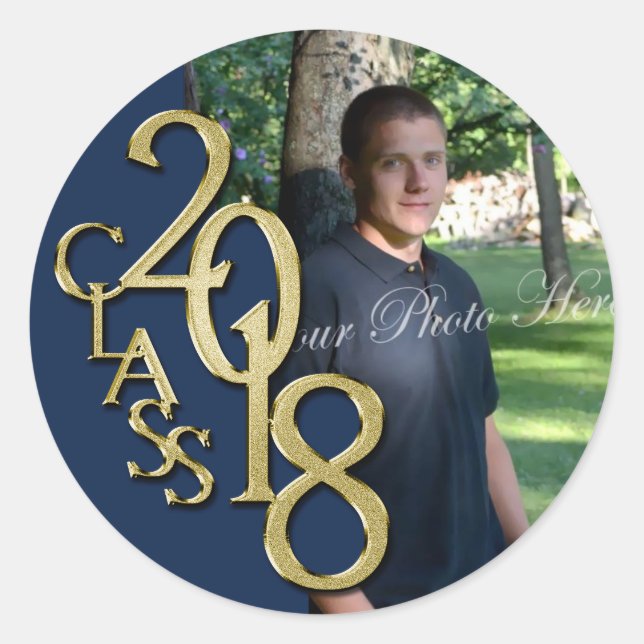 Class of 2018 Navy Blue and Gold Graduation Classic Round Sticker (Front)