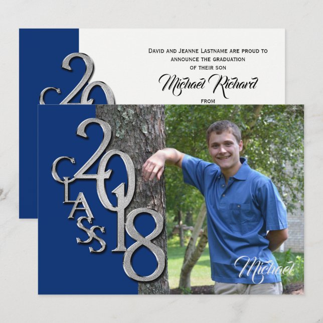 Class of 2018 Photo Graduation Blue Silver Invitation (Front/Back)