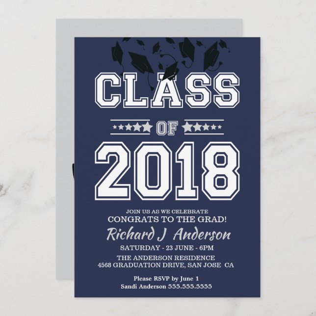 Class of 2018 Silver and Blue Grad Party Invitation (Front/Back)