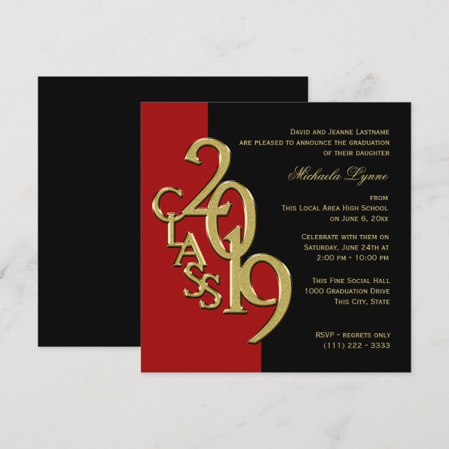 Class of 2019 Elegant Gold and Red Invitation (Front/Back)