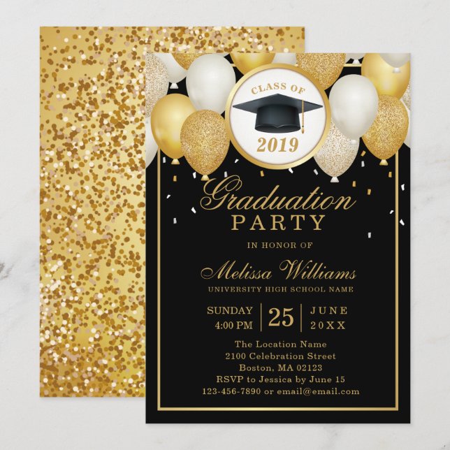 Class of 2019 Elegant Modern Black Gold Graduation Invitation (Front/Back)
