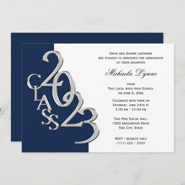 Class of 2019 Grad Silver and Navy Blue Invitation (Front/Back)