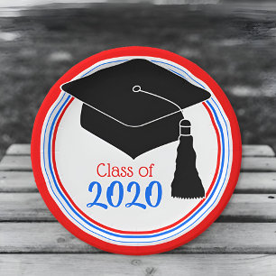 Class of 2020 Grad Cap Red White and Blue Paper Plate