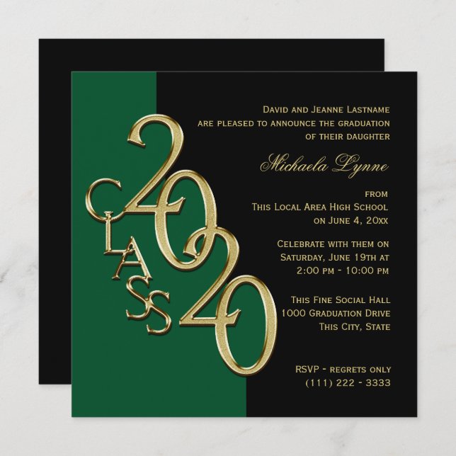 Class of 2020 Grad Green and Gold Invitation (Front/Back)