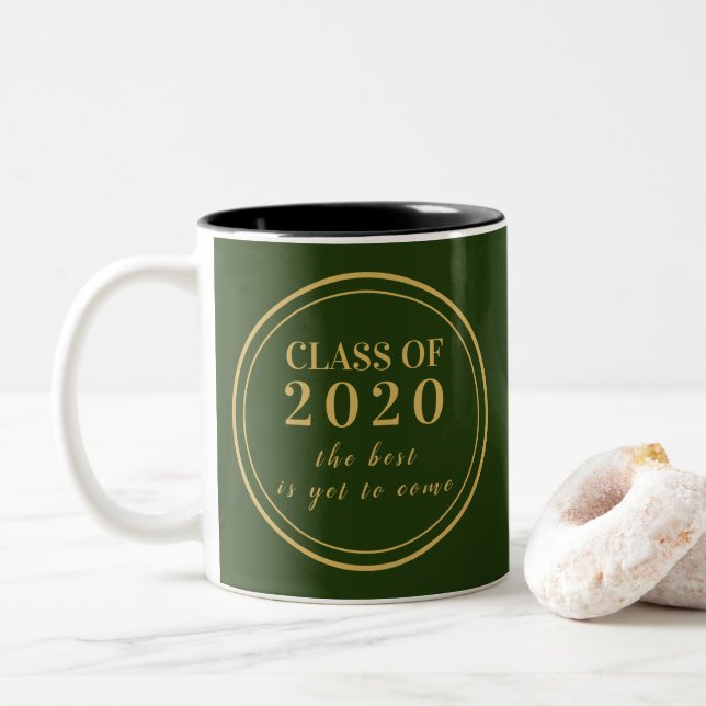 Class of 2020 Green Gold Monogram Graduation Two-Tone Coffee Mug (With Donut)