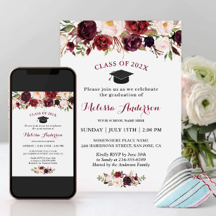 Class of 2021 Burgundy Red Floral Graduation Party Invitation