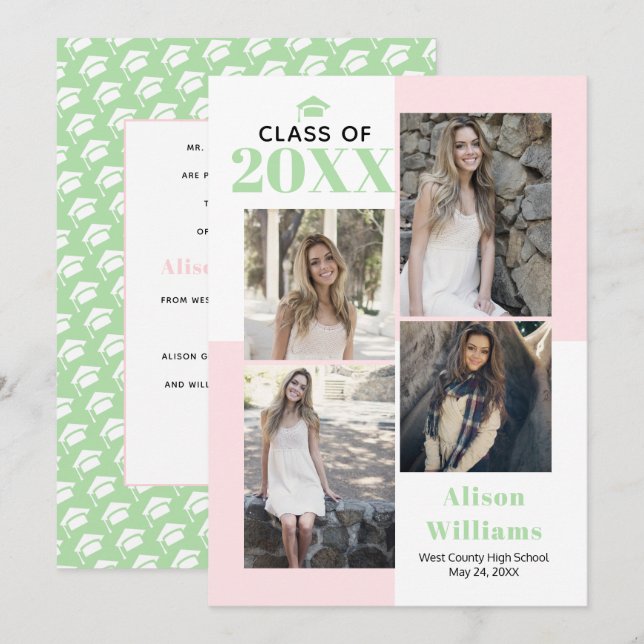 Class of 2021 four photos blush, mint graduation   announcement (Front/Back)