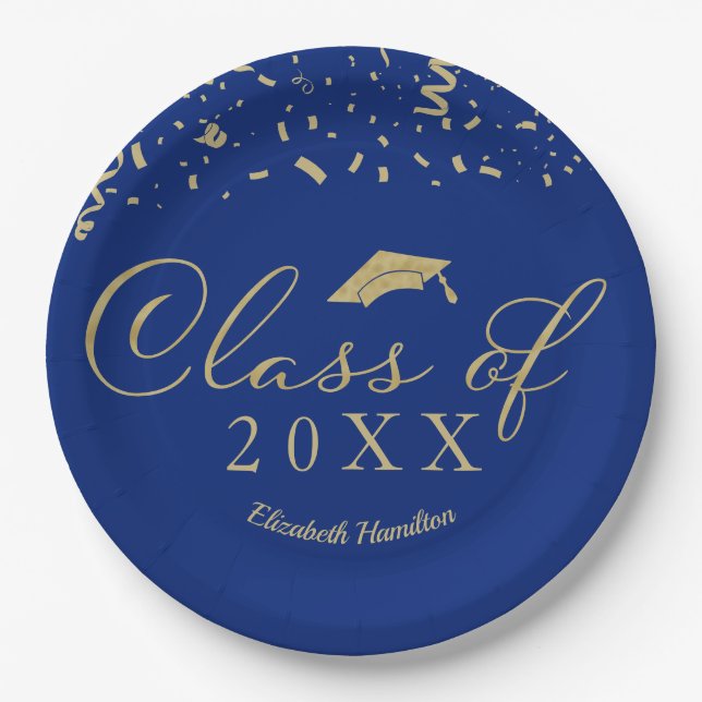 Class Of 2021 Gold Script Graduation Party Blue Paper Plate (Front)