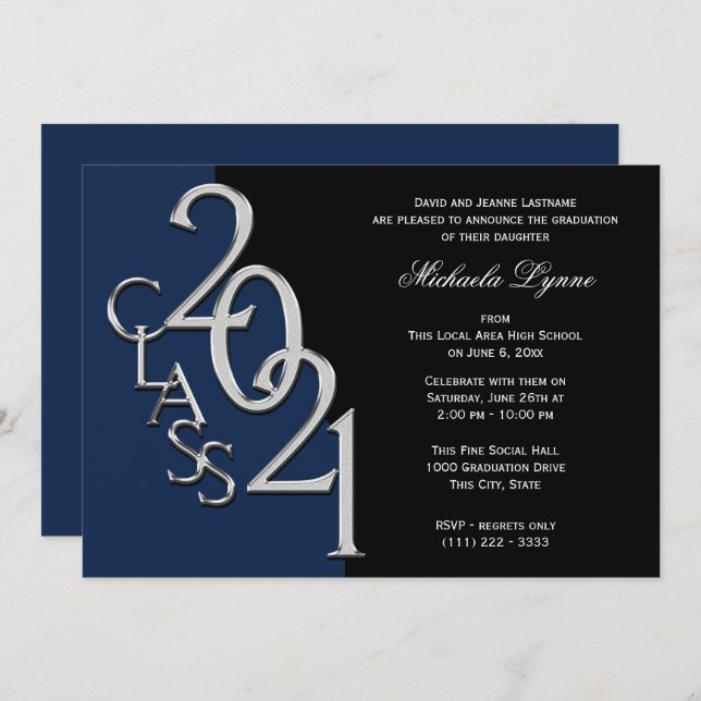 Class of 2021 Grad Silver with Colour Option Invitation (Front/Back)