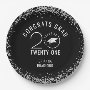 CLASS OF 2021 Graduation Silver Glitter Black Paper Plate