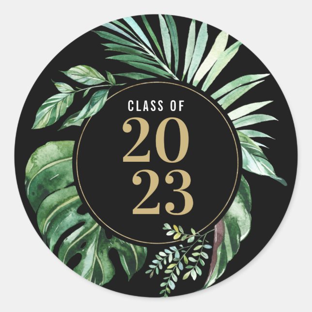 Class of 2021 Green Tropical Leaf Graduation Classic Round Sticker (Front)