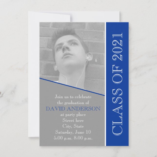 Class of 2021 grey, blue graduation photo invitation (Front)