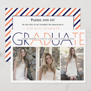 Class of 2021 navy blue, coral graduation photo  invitation