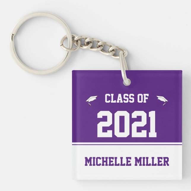 Class of 2021 Royal Purple and White Graduation Key Ring (Front)