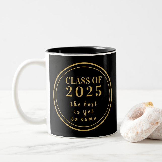 Class of 2022 Black Gold Monogram Graduation  Two-Tone Coffee Mug (With Donut)