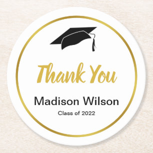 Class of 2022 Black White and Gold Grad Thank You Round Paper Coaster