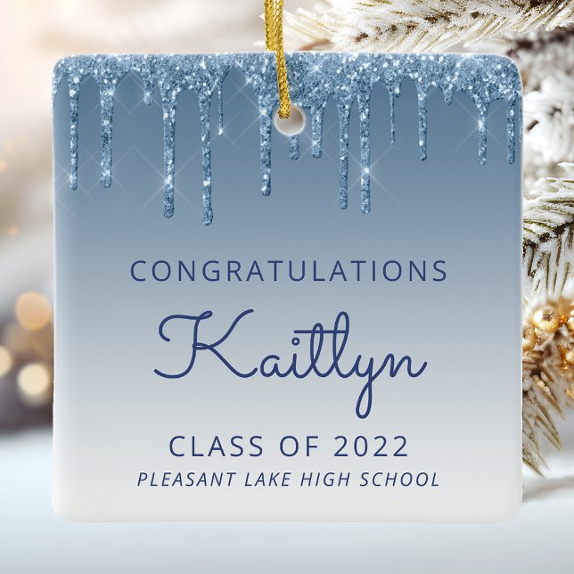 Class of 2022 Blue Glitter Drip Photo Graduation Ceramic Ornament (Creator Uploaded)