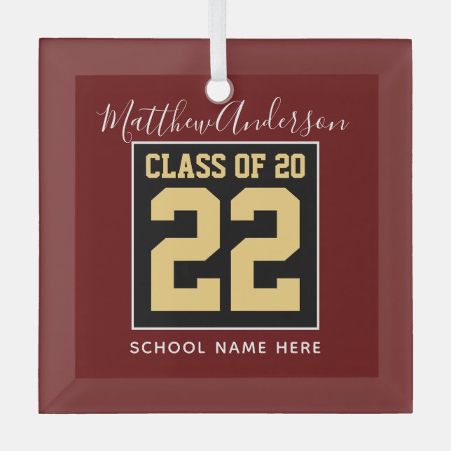 Class of 2022 Burgundy Black and Gold Graduation Glass Tree Decoration (Front)