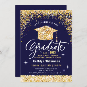 Class of 2022 Gold Glitter Blue Elegant Graduation Invitation