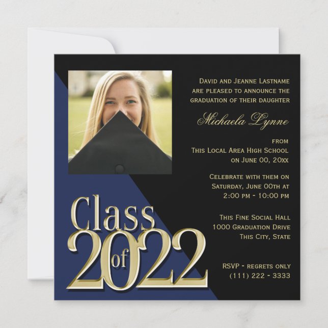 Class of 2022 Grad Gold and Blue with Photo  Invitation (Front)