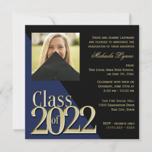 Class of 2022 Grad Gold and Blue with Photo  Invitation