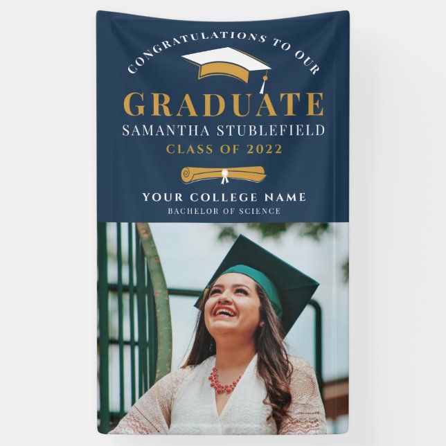 Class of 2022 Grad Photo Gold Black Graduation Banner (Vertical)