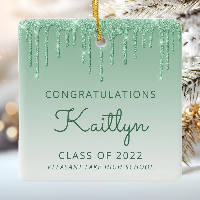 Class of 2022 Green Glitter Drip Photo Graduation Ceramic Ornament (Creator Uploaded)