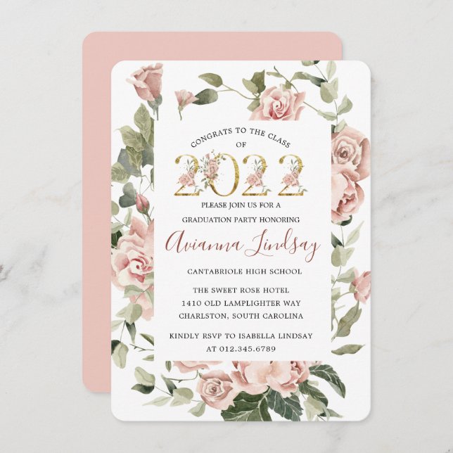 Class of 2022 Pretty Pink Rose Floral Graduation I Invitation (Front/Back)