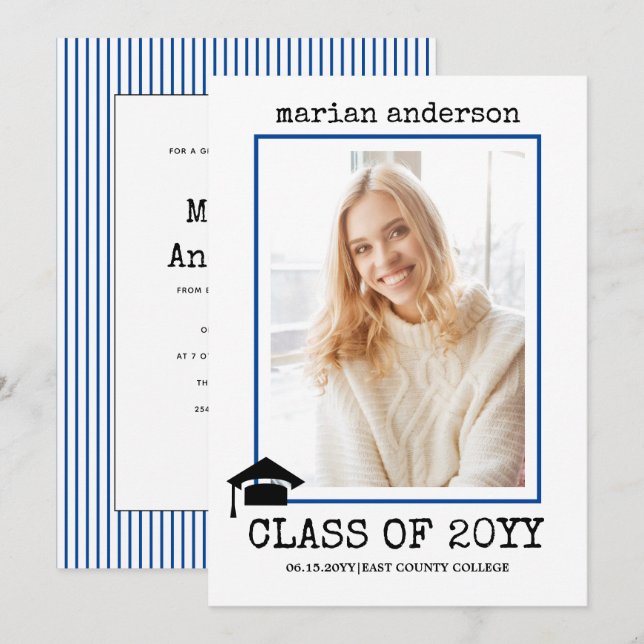 Class of 2022 typewriter blue graduation photo invitation (Front/Back)