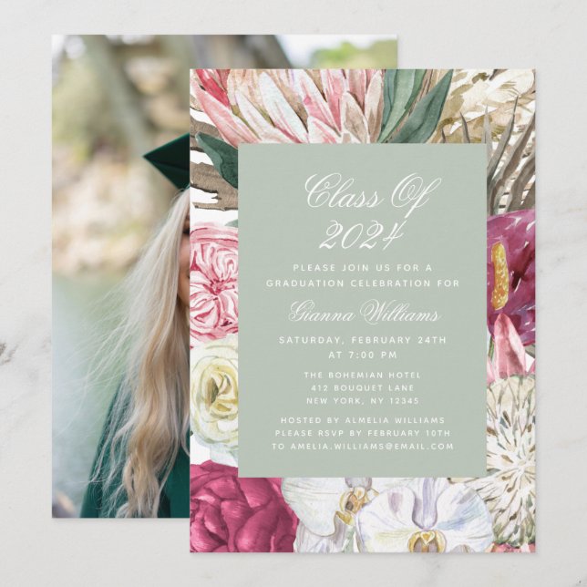 Class of 2022 Watercolor Floral Photo Graduation Invitation (Front/Back)