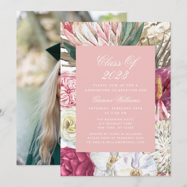 Class of 2022 Watercolor Floral Photo Graduation Invitation (Front/Back)