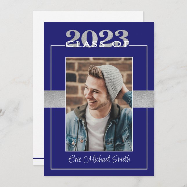 Class of 2023 Blue & Silver Graduation Party Invitation (Front/Back)