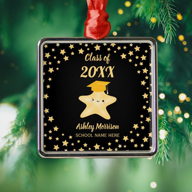 Class of 2023 Cute Black and Gold Star Graduation Metal Ornament (Creator Uploaded)