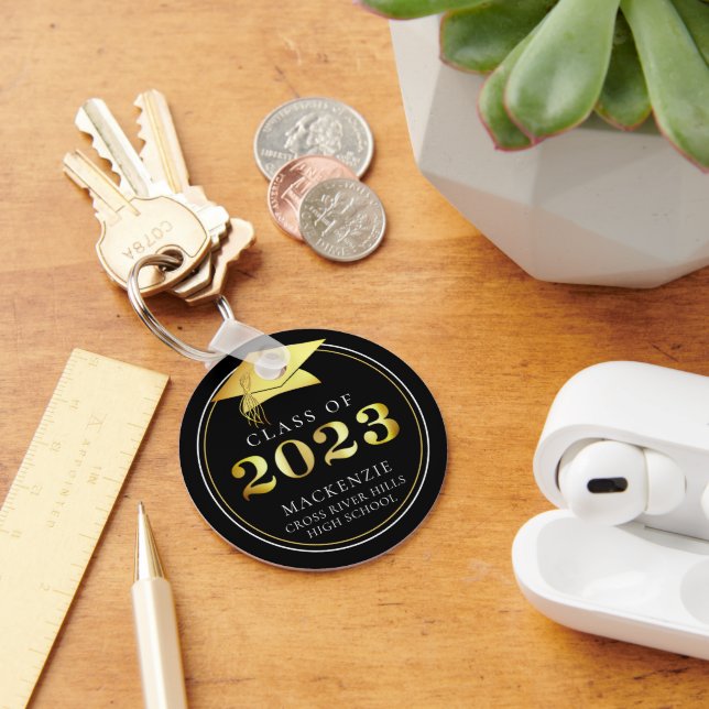 Class of 2023 Elegant Black Gold Personalised Key Ring (Desk)
