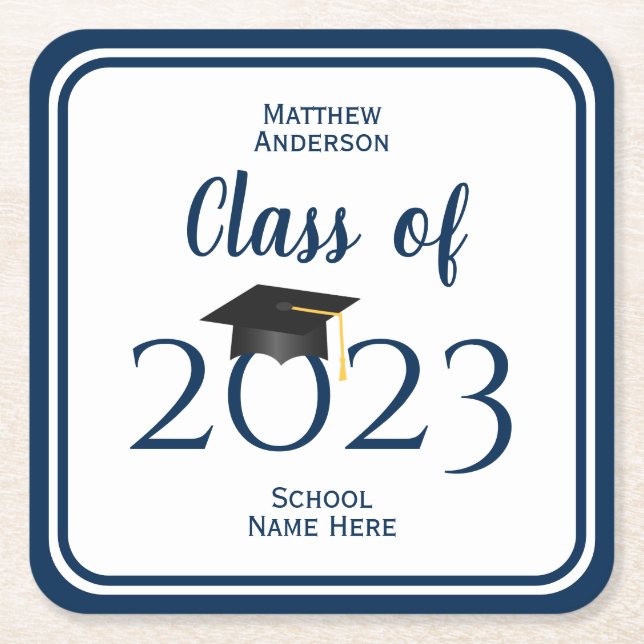 Class of 2023 Elegant Navy Blue Graduation Party Square Paper Coaster (Front)