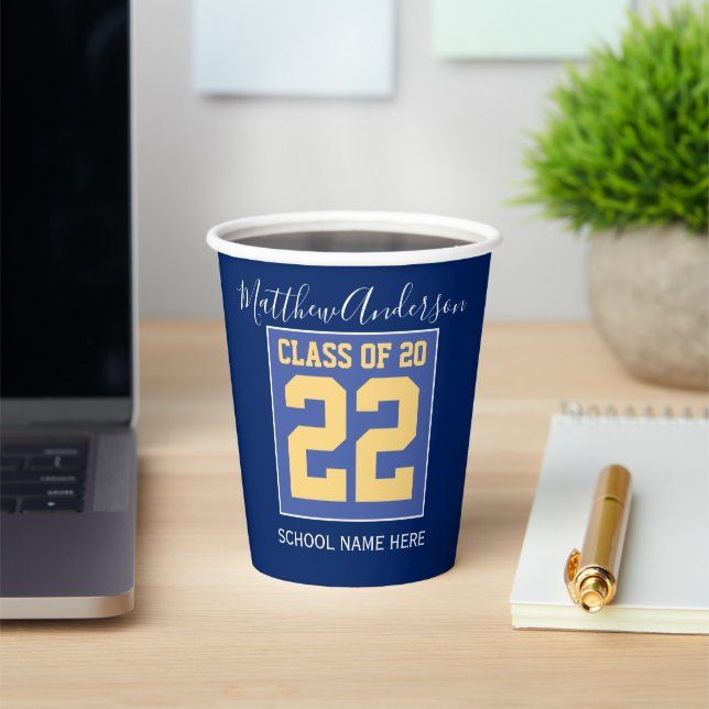 Class of 2023 Elegant Royal Blue & Gold Graduation Paper Cups (Insitu)
