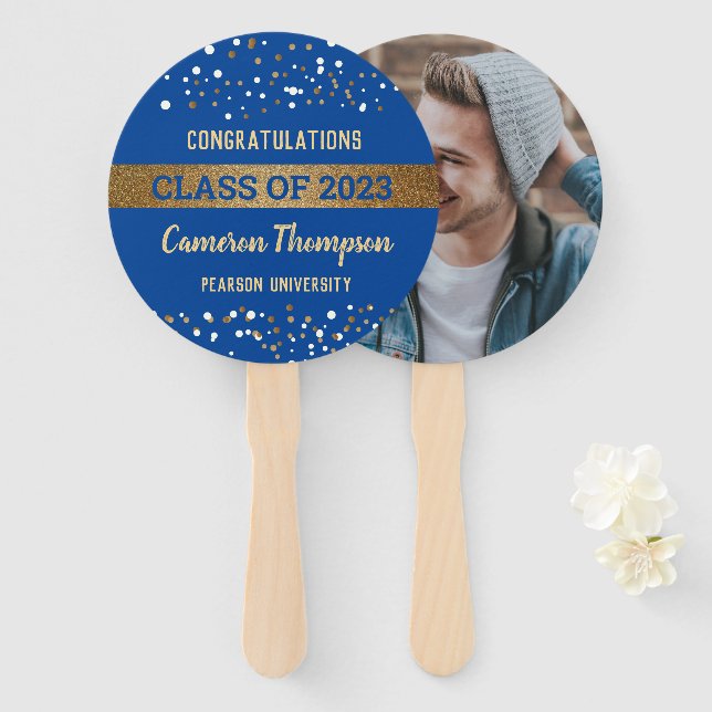 Class of 2023 gold blue confetti Graduate photo  Hand Fan (Front and Back)