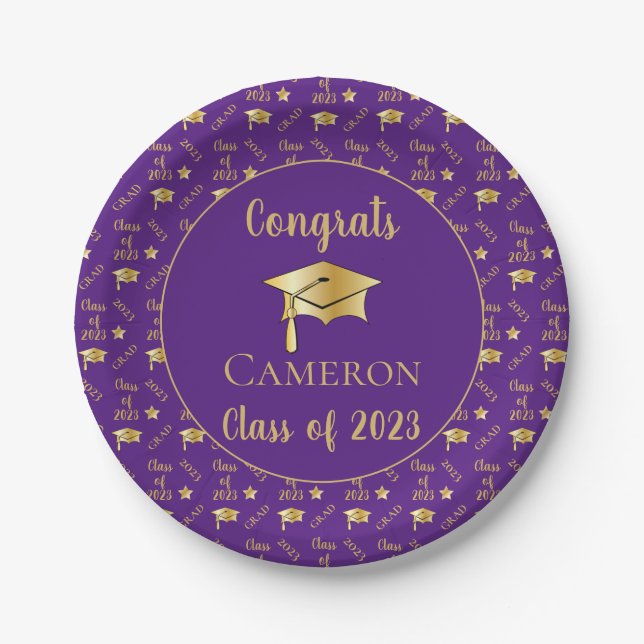 Class of 2023 Gold Grad Graduation Cap - Purple Paper Plate (Front)