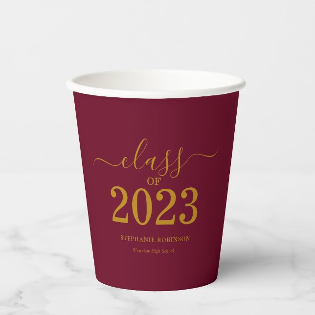 Class of 2023 Gold Maroon Graduation Party Paper Cups (Front)