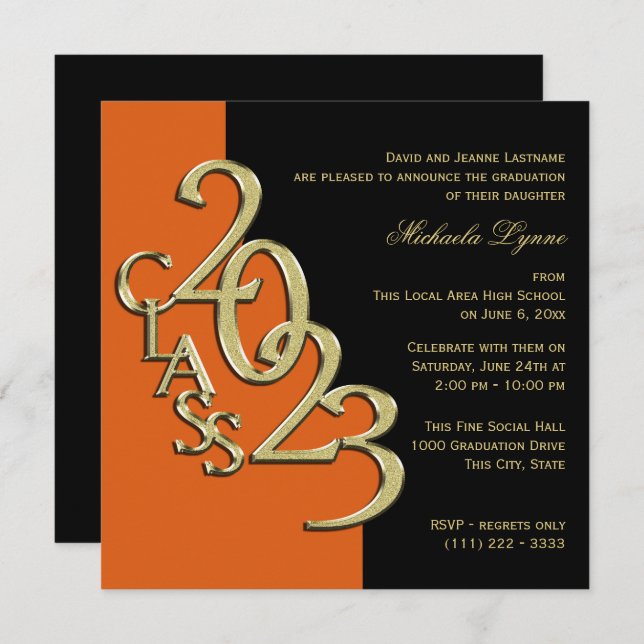 Class of 2023 Grad Orange and Gold Invitation (Front/Back)