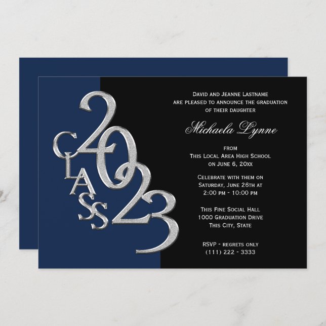 Class of 2023 Grad Silver with Colour Option  Invitation (Front/Back)
