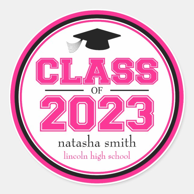 Class Of 2023 Graduation Favour (Hot Pink / Black) Classic Round Sticker (Front)