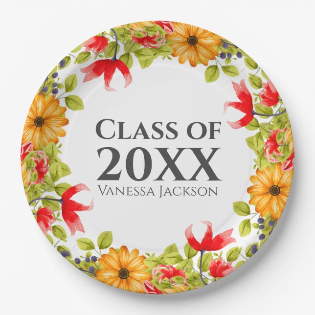 Class of 2023 Modern Bright Floral Graduation Paper Plate (Front)