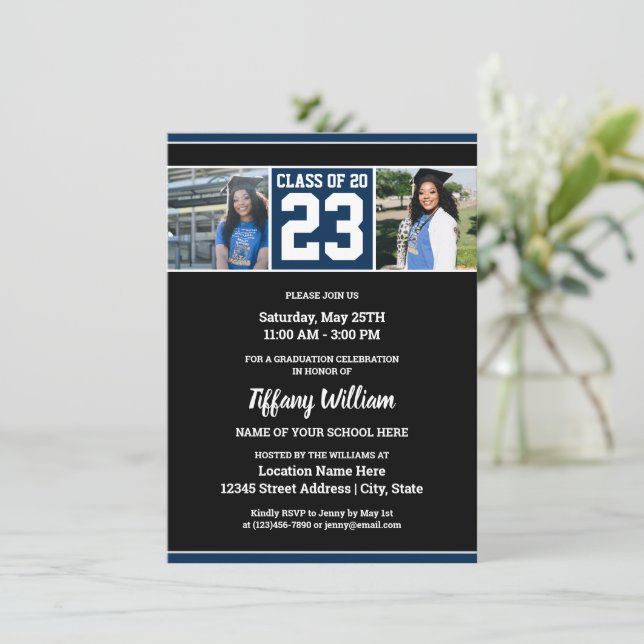 Class of 2023 Navy Blue and Black Graduation Photo Invitation (Standing Front)