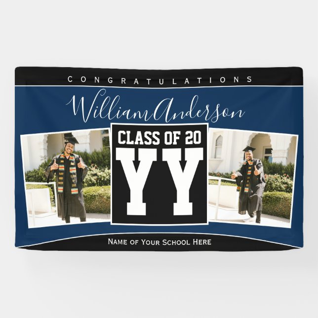 Class of 2023 Navy Blue & Black Graduation Photo Banner (Horizontal)