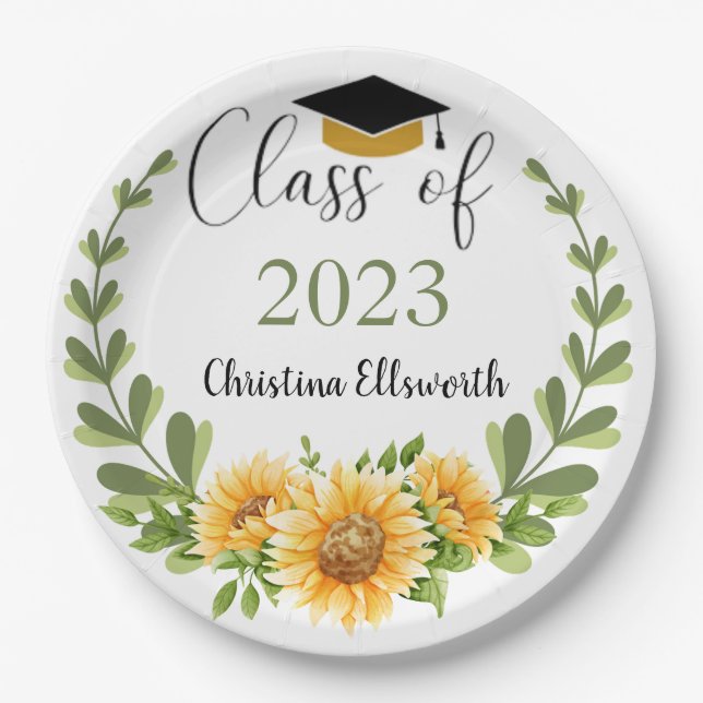 Class of 2023 Sunflower Wreath Grad Party Paper Plate (Front)