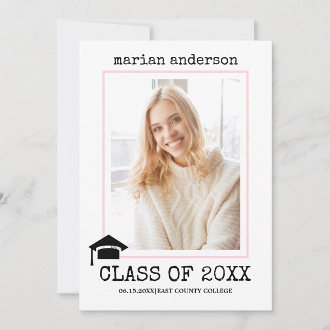 Class of 2023 typewriter pink graduation photo invitation (Front)