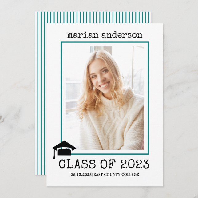 Class of 2023 typewriter teal graduation photo invitation (Front/Back)